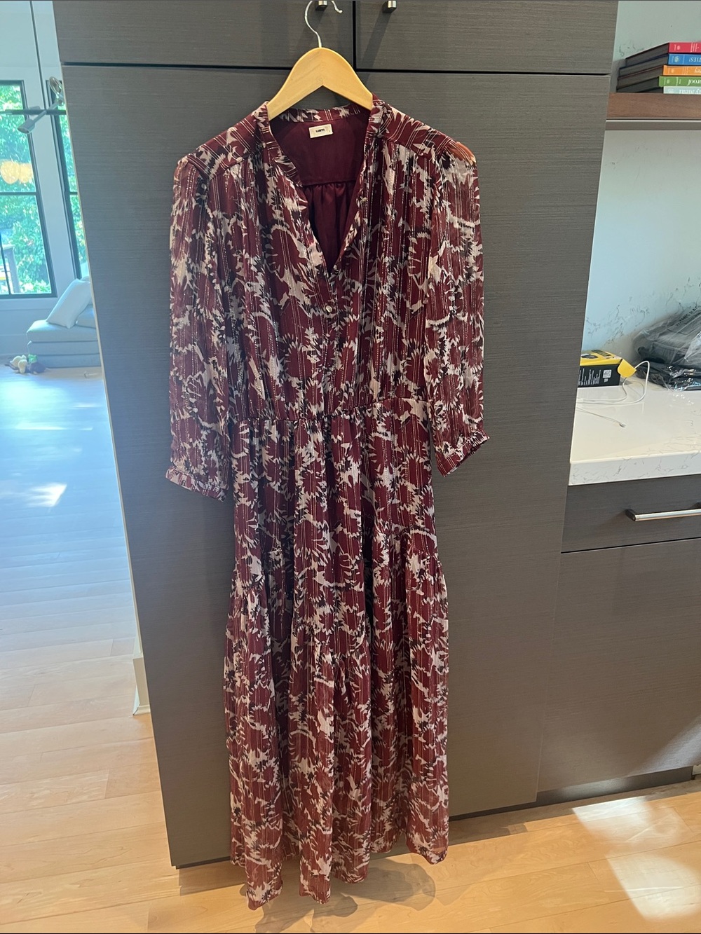 Warm Burgundy and Cream Floral Pleated Maxi Dress with V-Neck